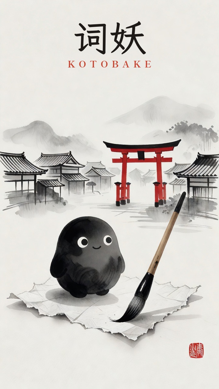 词妖立于砚町的鸟居前，身边搁着一支毛笔